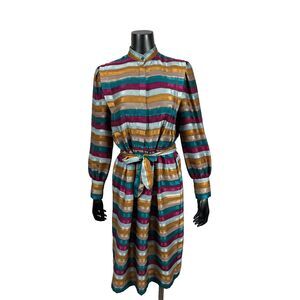 Mihang Belted Button Up‎ Long Sleeve Multicolor Striped Dress Women's 8 Vtg 70s